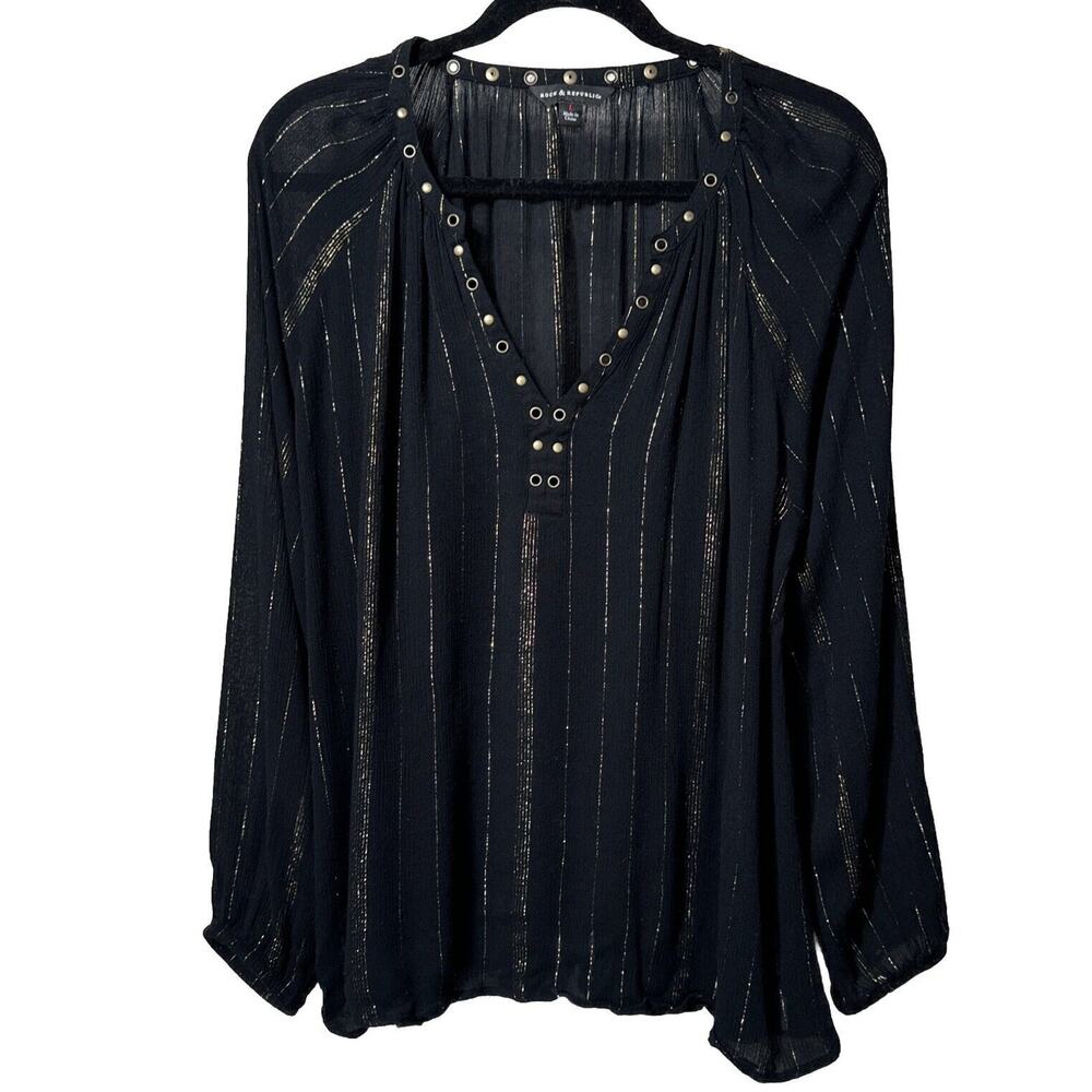 Metallic Striped Top Night Blouse Black Gold Long Sleeve V-neck Women’s Size L - Picture 6 of 14